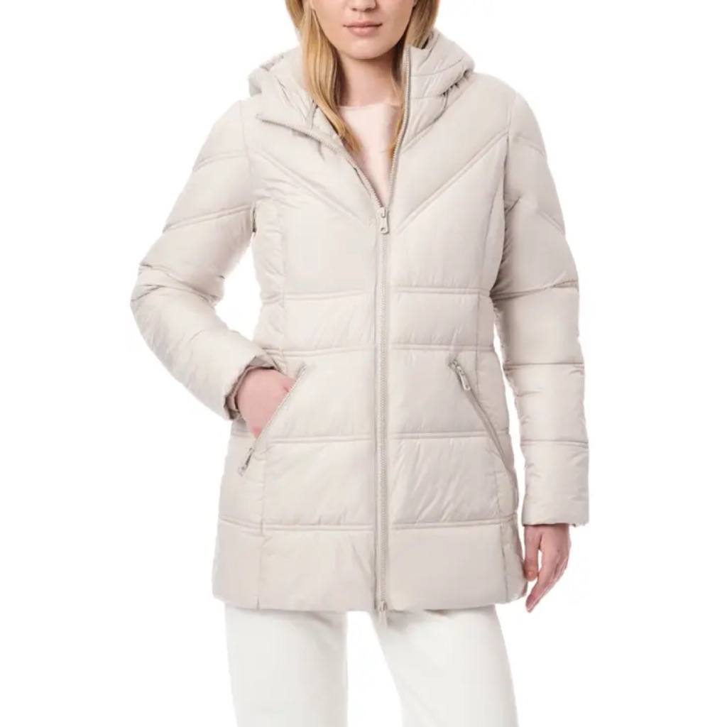Bernardo Ecoplume Taupe Hooded Puffer Coat Recycled Insulation Size Small Cream